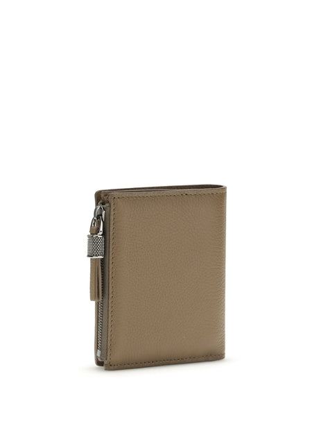 Brunello Cucinelli Leather Wallet with grain and Shiny Zipper Pull - Tawny