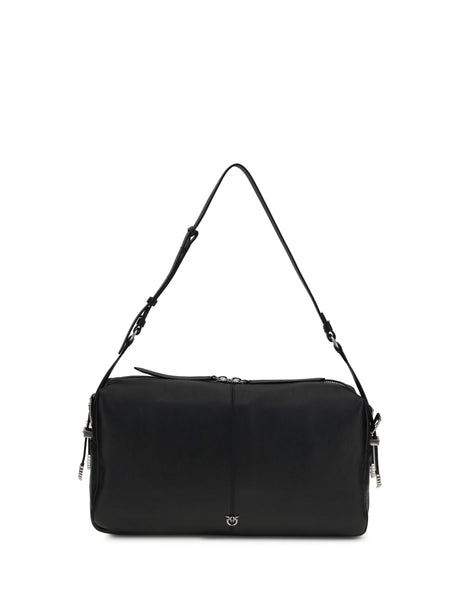 Pinko Large Keeper Shoulder Bag in new biker leather - Black-Old Silver