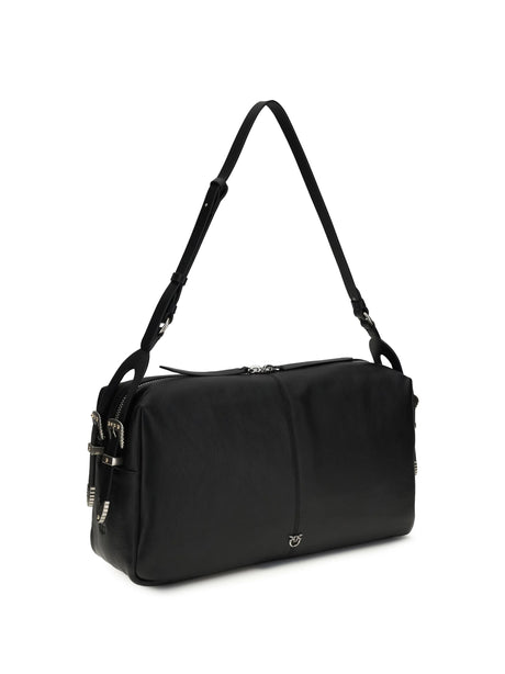 Pinko Large Keeper Shoulder Bag in new biker leather - Black-Old Silver
