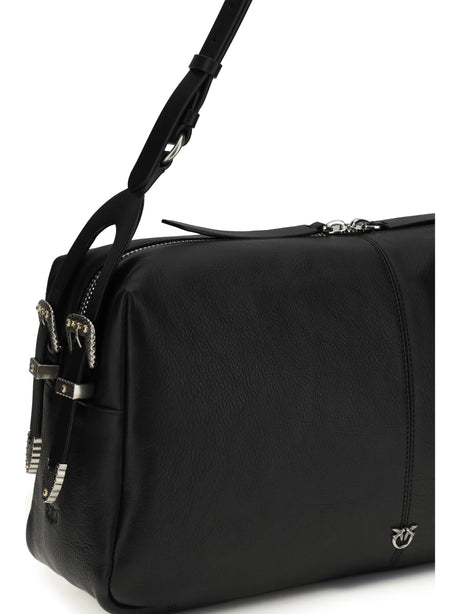 Pinko Large Keeper Shoulder Bag in new biker leather - Black-Old Silver