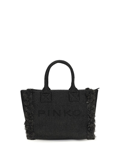Pinko Medium Beach Rafia Tote Bag - Black-Antique Gold
