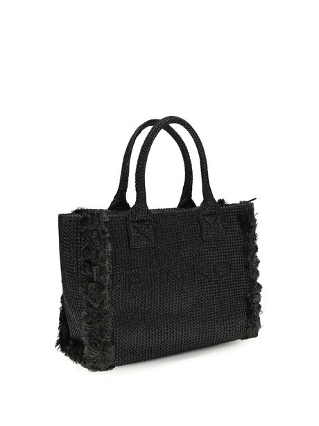 Pinko Medium Beach Rafia Tote Bag - Black-Antique Gold