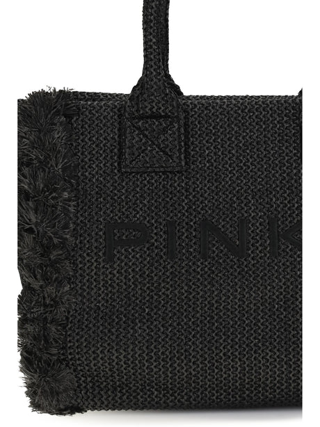 Pinko Medium Beach Rafia Tote Bag - Black-Antique Gold