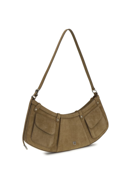 Pinko Large Pocket Body Shoulder Bag in suede - Green Canguro-Old Silver