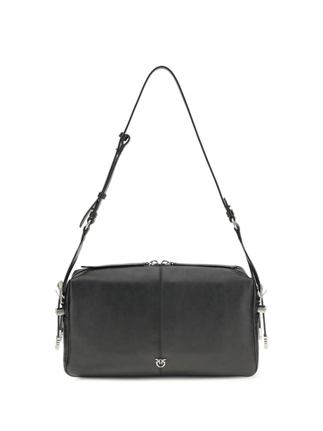 Pinko Keeper medium Shoulder Bag in leather - Black-Old Silver