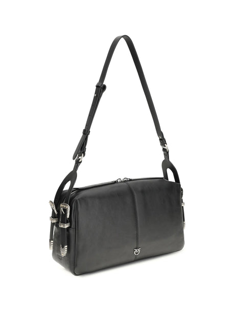 Pinko Keeper medium Shoulder Bag in leather - Black-Old Silver