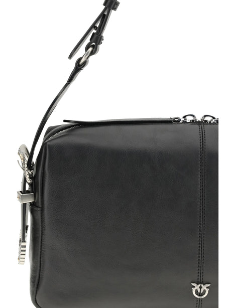 Pinko Keeper medium Shoulder Bag in leather - Black-Old Silver