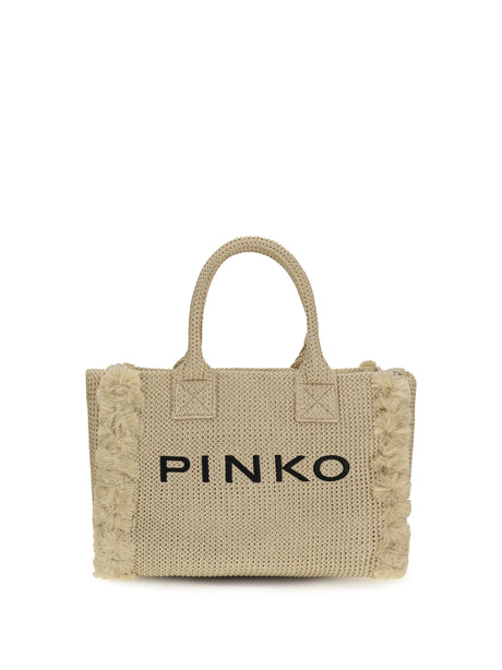 Pinko Medium Beach Rafia Tote Bag - Paglia/Black-Antique Gold
