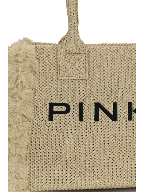 Pinko Medium Beach Rafia Tote Bag - Paglia/Black-Antique Gold