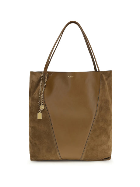 Chloé Spin Tote Bag in grenadine leather and suede - Dark Khaki