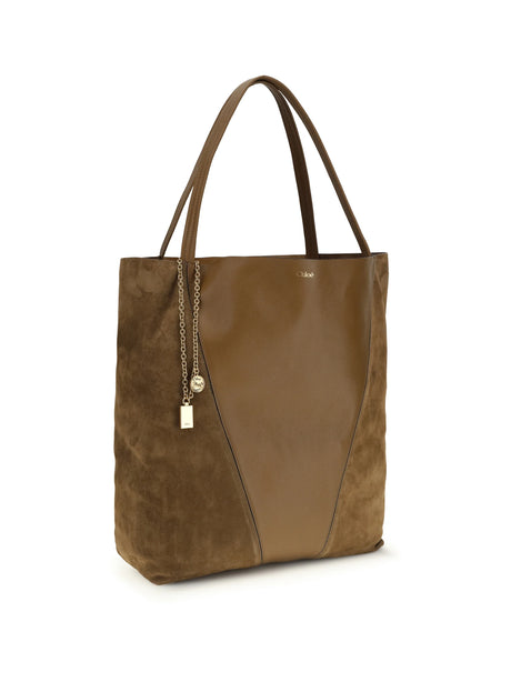 Chloé Spin Tote Bag in grenadine leather and suede - Dark Khaki