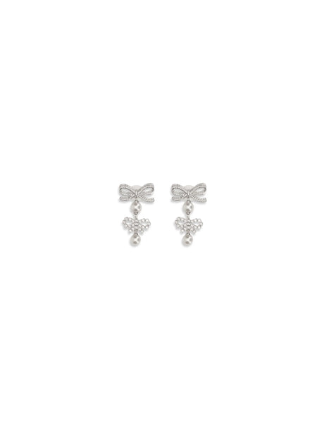 Self-Portrait Double Bow Pearl Earrings - Silver