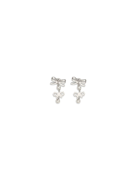 Self-Portrait Double Bow Pearl Earrings - Silver
