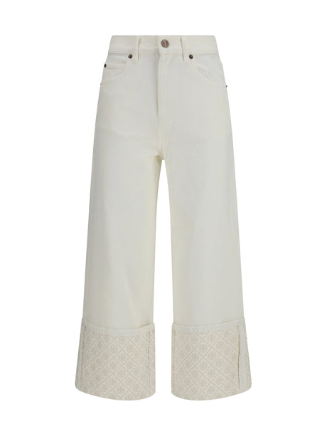 Tory Burch T Monogram Contrast Cuff Straight-Leg Jeans - White