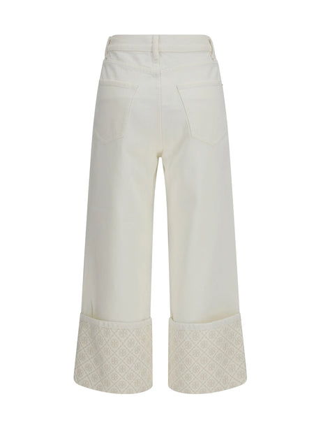 Tory Burch T Monogram Contrast Cuff Straight-Leg Jeans - White