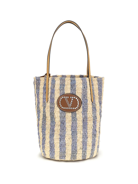 Valentino Garavani Striped raffia Bucket Bag - Natural/Light Blue/Natural Camel/Selleria
