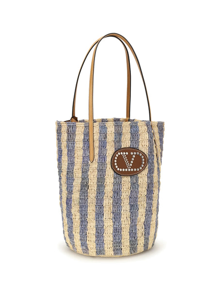 Valentino Garavani Striped raffia Bucket Bag - Natural/Light Blue/Natural Camel/Selleria