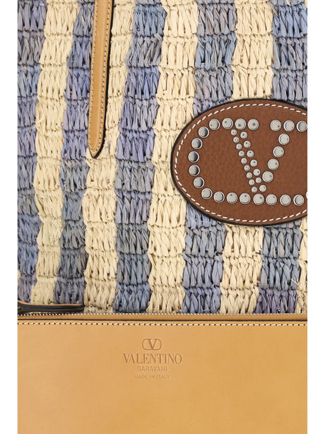 Valentino Garavani Striped raffia Bucket Bag - Natural/Light Blue/Natural Camel/Selleria