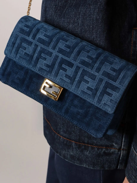 Fendi Wallet On Chain Baguette shoulder bag in denim-effect FF corduroy - Blu Abisso