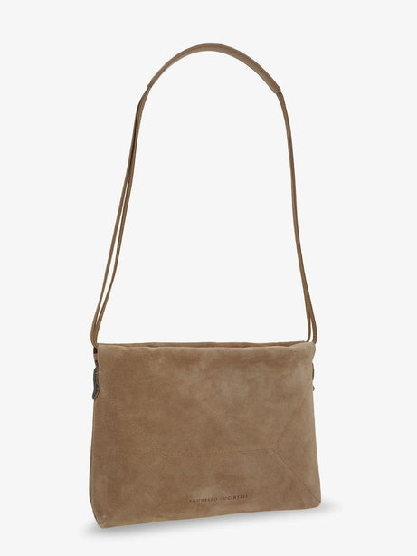 Brunello Cucinelli Suede shoulder bag with logo on the front - Beige