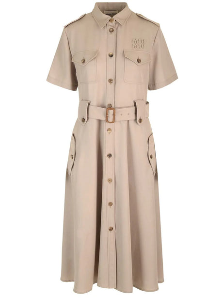 Miu Miu Wool Gabardine Midi Dress - Beige