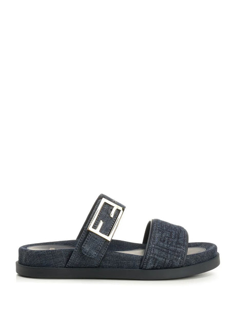 Fendi Slide Flat In Denim - Blue