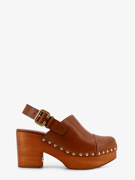 Chloe' Leather and wood Jeanette sabot - Ginger Brown