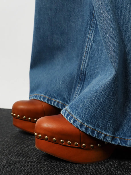 Chloe' Leather and wood Jeanette sabot - Ginger Brown