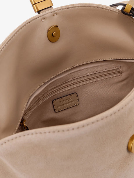 Pinko Leather shoulder bag with metal logo detail - Beige