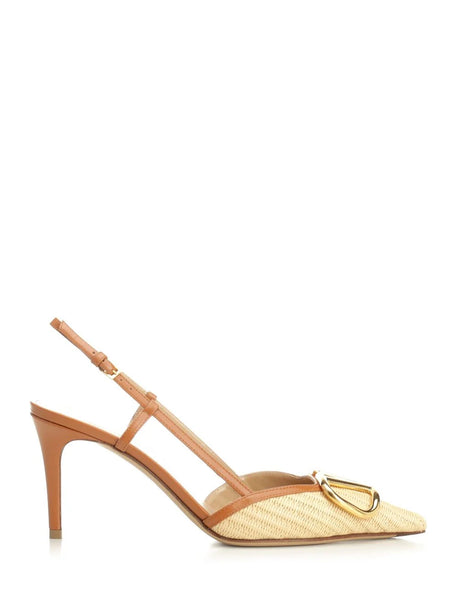 Valentino Garavani Vlogo Signature Slingback DéColleté In Raffia - Beige