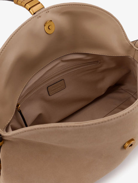 Pinko Suede crossbody bag with metal detail with engraved logo - Beige