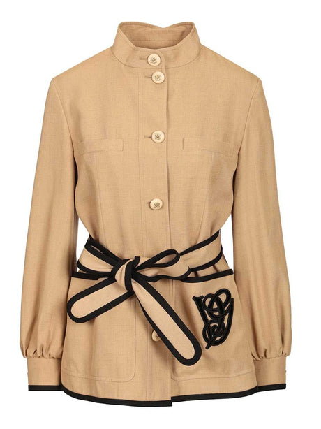 Valentino Garavani Embroidered Twill Jacket With Belt - Beige