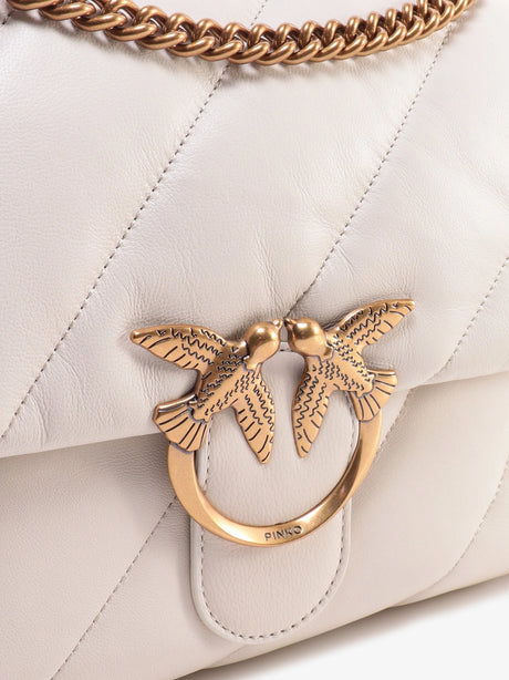 Pinko Matelassé leather shoulder bag with iconic love birds buckle - Bianco