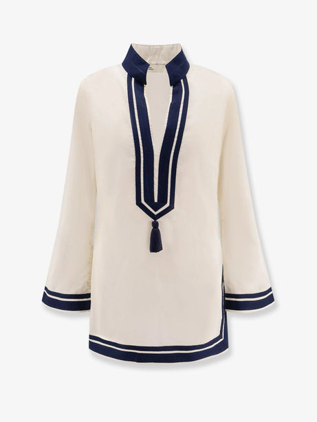 Tory Burch Cotton short dress with contrasting profiles - French Cream