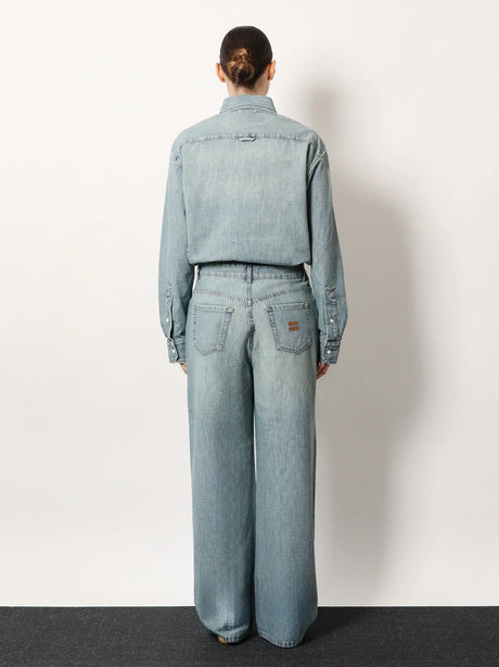 Miu Miu Cotton Jeans with Logo Lettering embroidery - Celeste