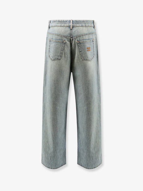 Miu Miu Cotton Jeans with Logo Lettering embroidery - Celeste