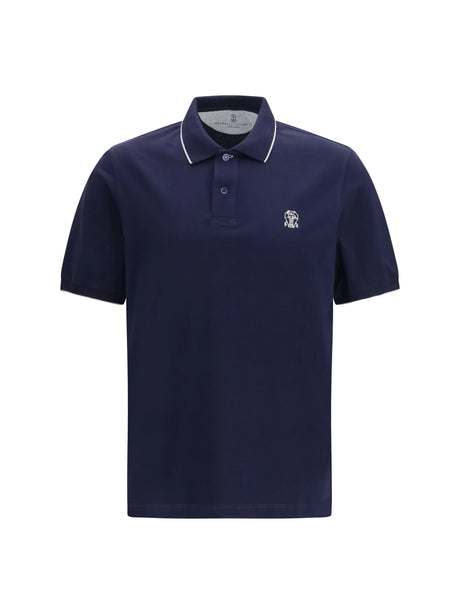 Brunello Cucinelli Polo in cotton jersey with short sleeves - Cobalto+Grigio
