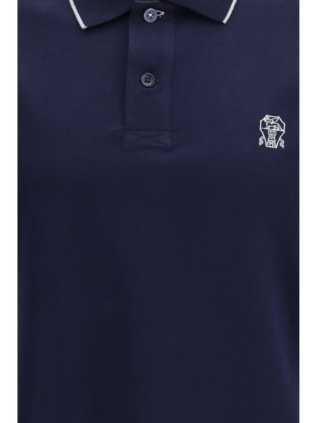Brunello Cucinelli Polo in cotton jersey with short sleeves - Cobalto+Grigio