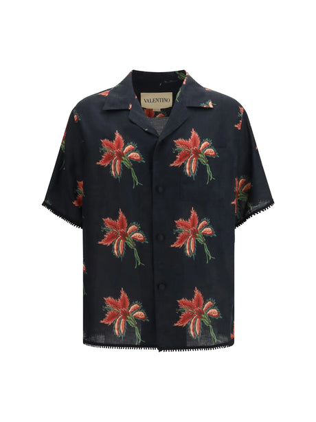 Valentino Papier Floral print linen bowling Shirt - Black/Magenta/Pink/Green