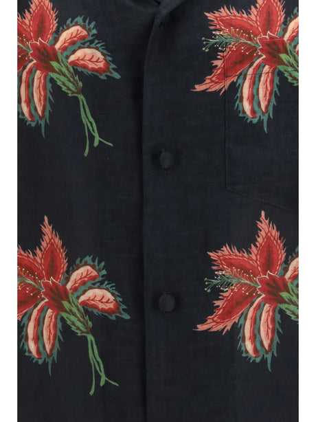 Valentino Papier Floral print linen bowling Shirt - Black/Magenta/Pink/Green