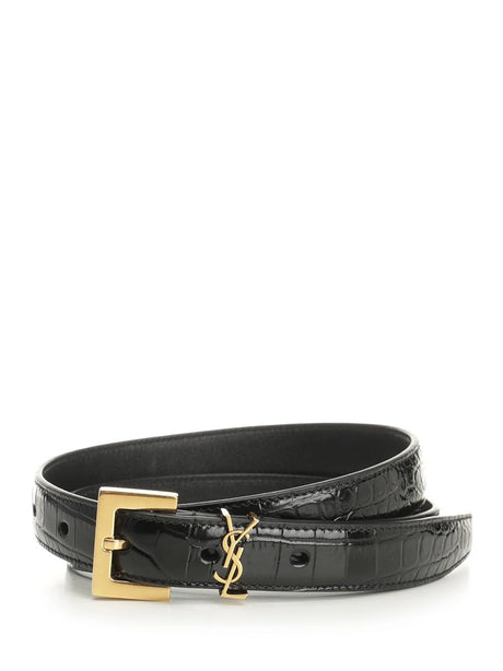 Saint Laurent Thin Belt With Logo - Black