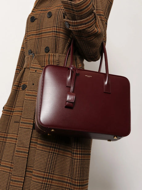 Saint Laurent Sac de Jour in Box leather handbag with metal lock detail - Hot Wine