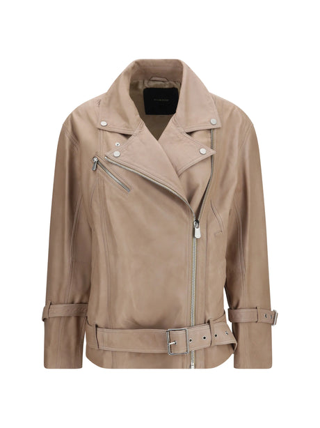 Pinko Leather biker Jacket - Beige-Green Capra