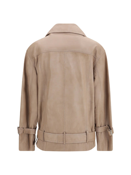 Pinko Leather biker Jacket - Beige-Green Capra