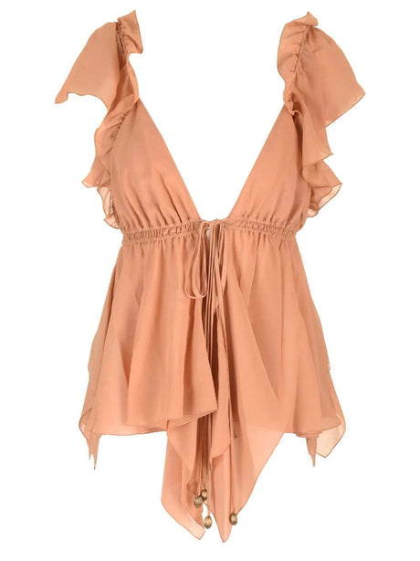 Chloe' Top With Ruffles - Brown