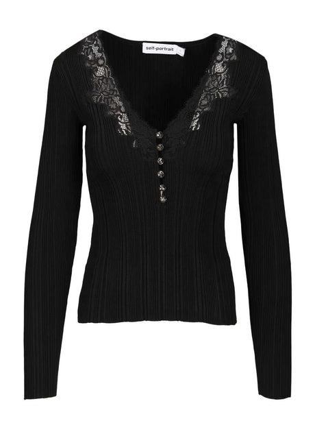 Self-Portrait Lace Knit Top - Black