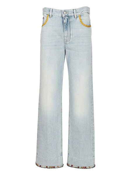 Valentino Garavani Denim Trousers With Embroidered Flower Trim - Blue
