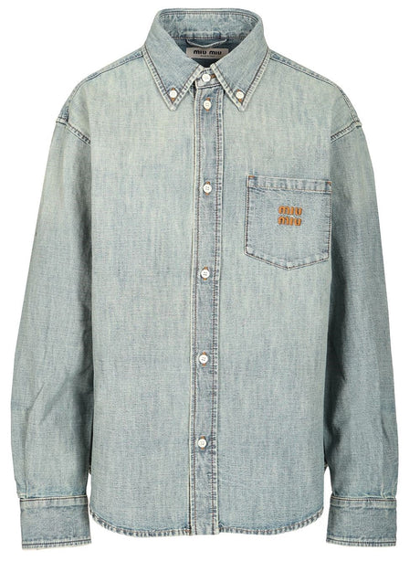 Miu Miu Long Sleeve Shirt In Chambray Denim - Sky Blue