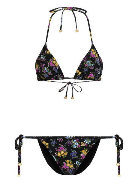 Dolce & Gabbana Triangle Bikini With Little Flowers Print - Black