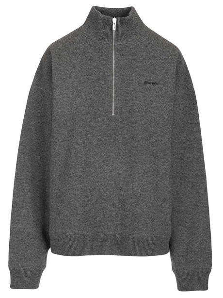 Miu Miu Cashmere And Jersey Zip-Up Sweater - Grey
